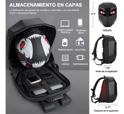 Mochila para Moto con Ojos LED – Impermeable y Capacidad para 1 Casco